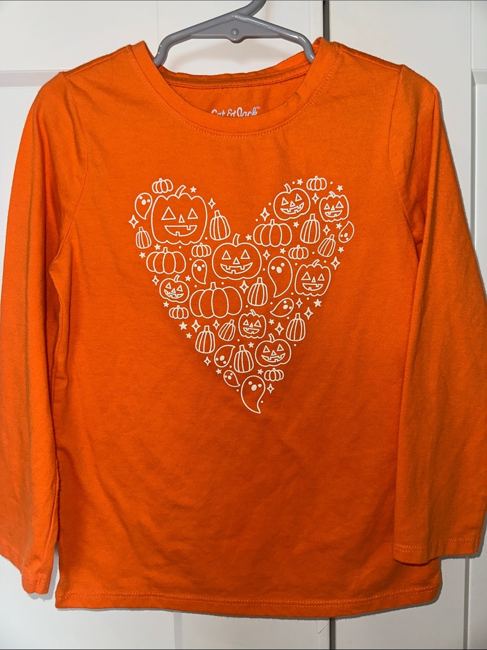 Cat & Jack Orange Long-Sleeve Tee with White Pumpkin Heart Graphic